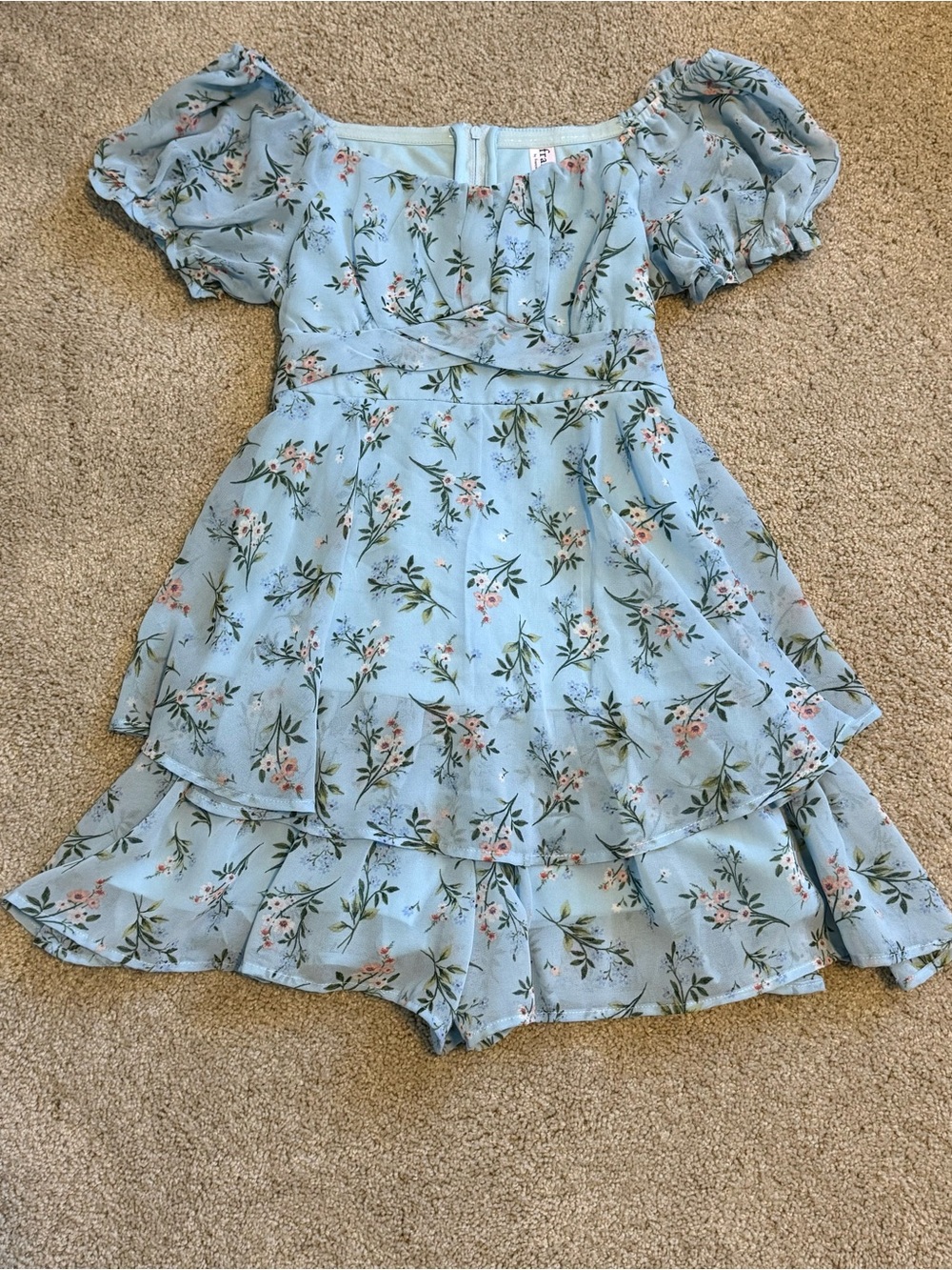 Girls size 12 Francesca’s (Franki) blue floral double tiered romper ties in back